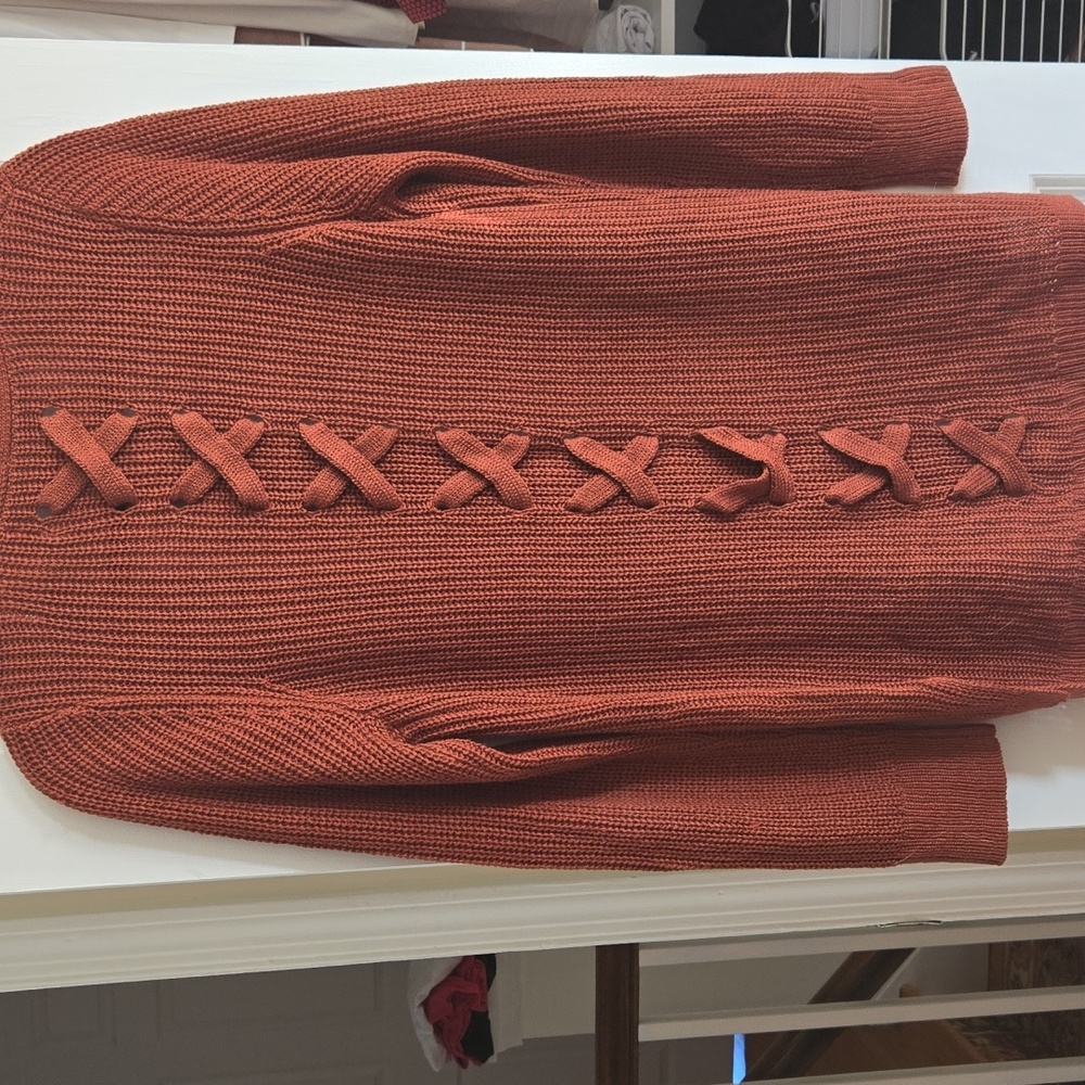 *Flaw* Rust Open Acrylic Cardigan Size M. NWOT. Snags On Front Left.  See Pics